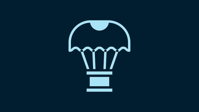 White Box flying on parachute icon isolated on blue background. Parcel with parachute for shipping. Delivery service, air shipping. 4K Video motion graphic animation