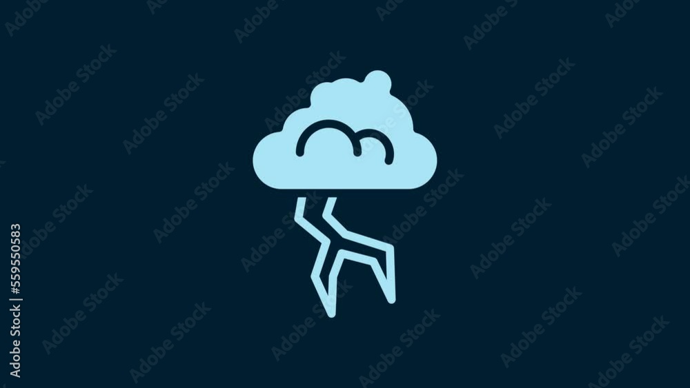 Poster white storm icon isolated on blue background. cloud and lightning sign. weather icon of storm. 4k vi