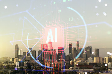 Plakat Double exposure of creative artificial Intelligence abbreviation hologram on Los Angeles office buildings background. Future technology and AI concept