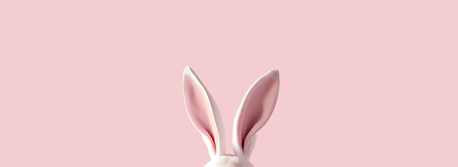 White rabbit ears are pink on a pastel pink background. Easter day. 3d rendering illustration.