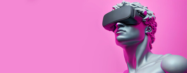 Banner of statue black man in a VR headset exploring the metaverse world, touching virtual reality subjects with copy space on the pink banner background.