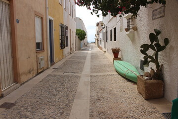 Tabarka Island, Spain, fishing village, street, canoe, Alicante attraction (1 h ferry), beach, sea, smimming, sailing - obrazy, fototapety, plakaty