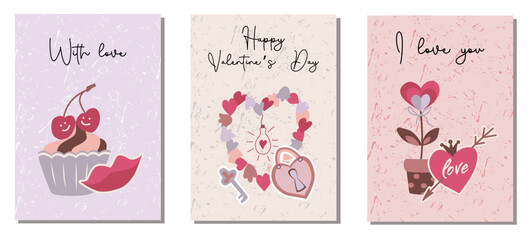 Set of greeting cards for Valentine's Day with inscriptions and illustrations in the flat style.Vector illustration