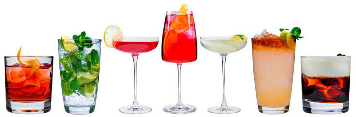 set of classic cocktails isolated, a collection of alcoholic beverages for the menu on a white background - obrazy, fototapety, plakaty