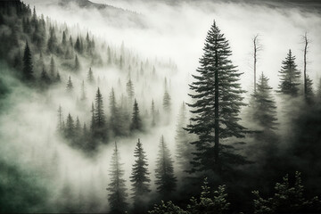 Forest landscape view from above, foggy forest. AI