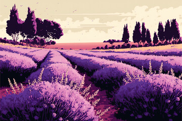 Lavender field in the morning. Generative Ai illustration in vector style.