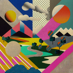 Retro collage, landscape style illustration, granular texture Generative AI