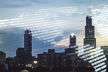 Virtual digital map of North America on Chicago skyline background, international trading concept. Multiexposure