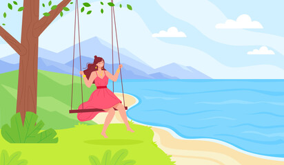Fototapeta na wymiar Woman on seesaw. Happy lady with long hair leaving city for enjoying swings in naturally park, slow life time carefree being free holidays love freedom concept vector illustration