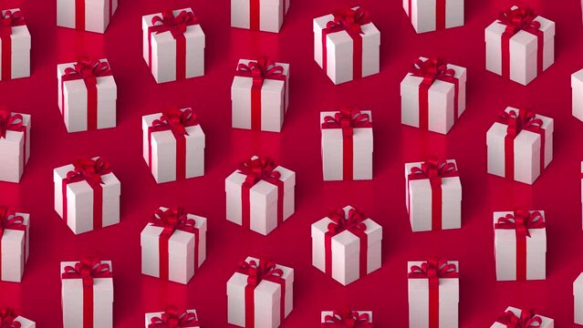Valentine gift boxes on red background. Valentine day loopable backdrop. 3d render
