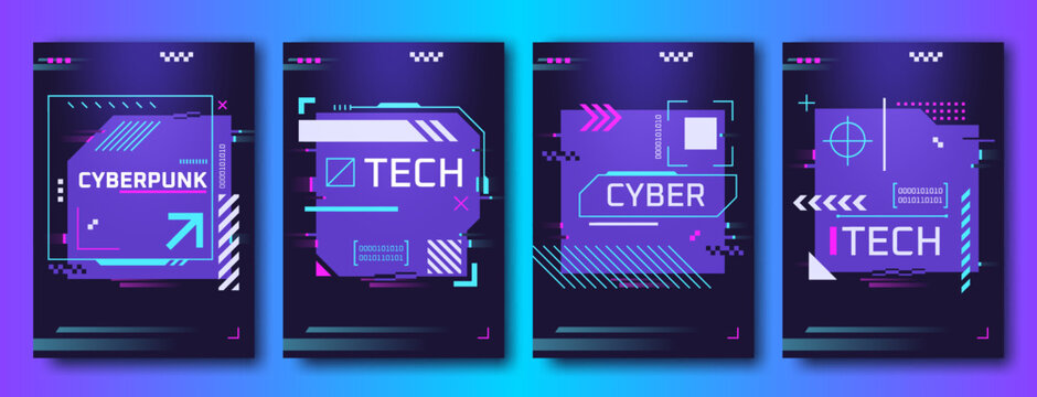 Cyberpunk Glitch Posters. Cyber Bug Digital Effect Glitchy Screen, Retro Synthwave Dj Rave 90s, Data Virus Hud Tech Minimal Chaos Led Glow Dark Banner Art Flyer Vector Illustration