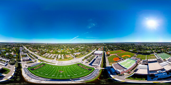 Aerial 360 equirectangular photo of American Heritage private school Plantation FL