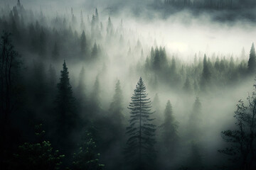 Forest landscape view from above, foggy forest. AI