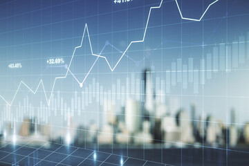 Multi exposure of virtual abstract financial graph interface on blurry skyscrapers background, financial and trading concept