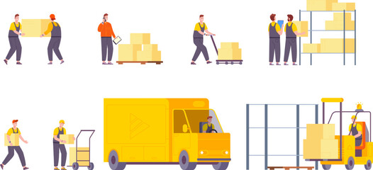 Storehouse workers. Worker with warehouse inventory or freight truck loading delivery boxes, loads distribution working staff carries cargo in storage, splendid vector illustration