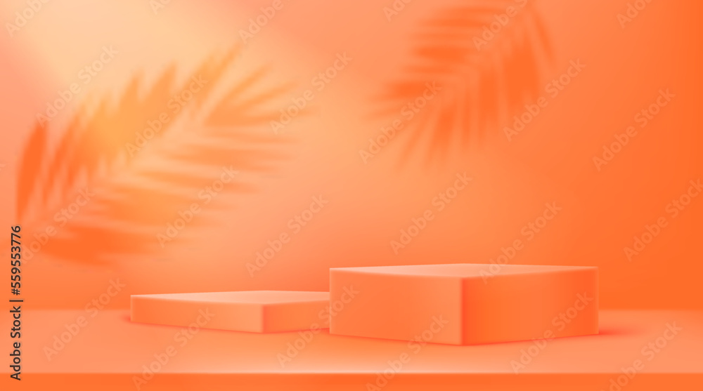 Fototapete empty illuminated room with two square platforms and shadows of leaves on the wall. realistic 3d sty
