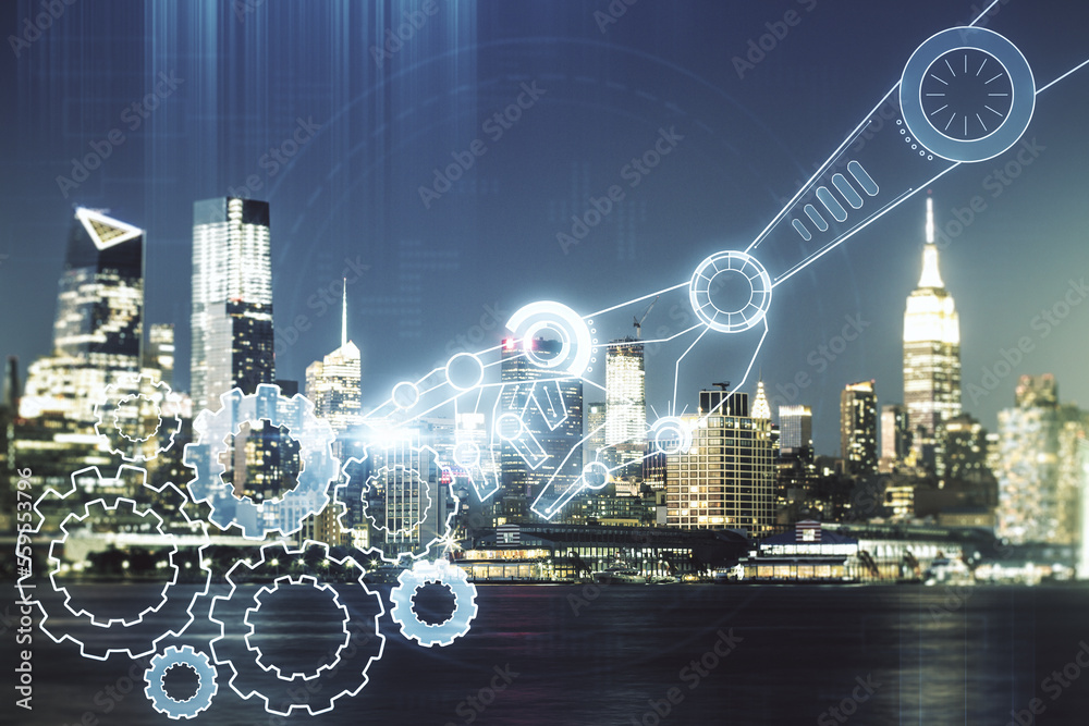 Aufkleber abstract virtual robotics technology hologram on new york cityscape background, artificial intellige