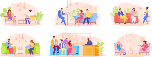 Celebrity interview. TV presenter interviewing famous guests sitting on chair or sofa event show studio, broadcast journalist interview man conversation, swanky vector illustration