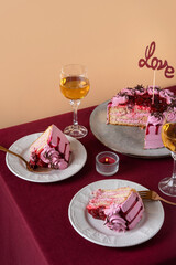 Cherry cake for St. Valentine's Day, Mother's Day, or Birthday. Valentine's Day concept. Valentine Day Background