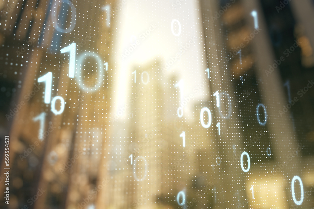 Leinwandbilder abstract virtual binary code hologram on modern architecture background, ai and machine learning con