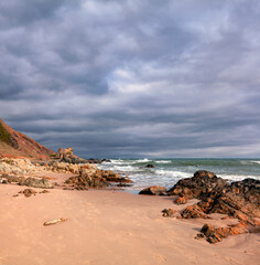Beautiful sea with huge waves at the sunny day in southern Vietnam.