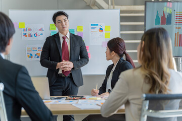 A group of young Asian businessmen Talking and planning work happily and have fun. at the company's office