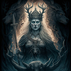 Norse mythology goddess Hel. Created with Generative AI technology.