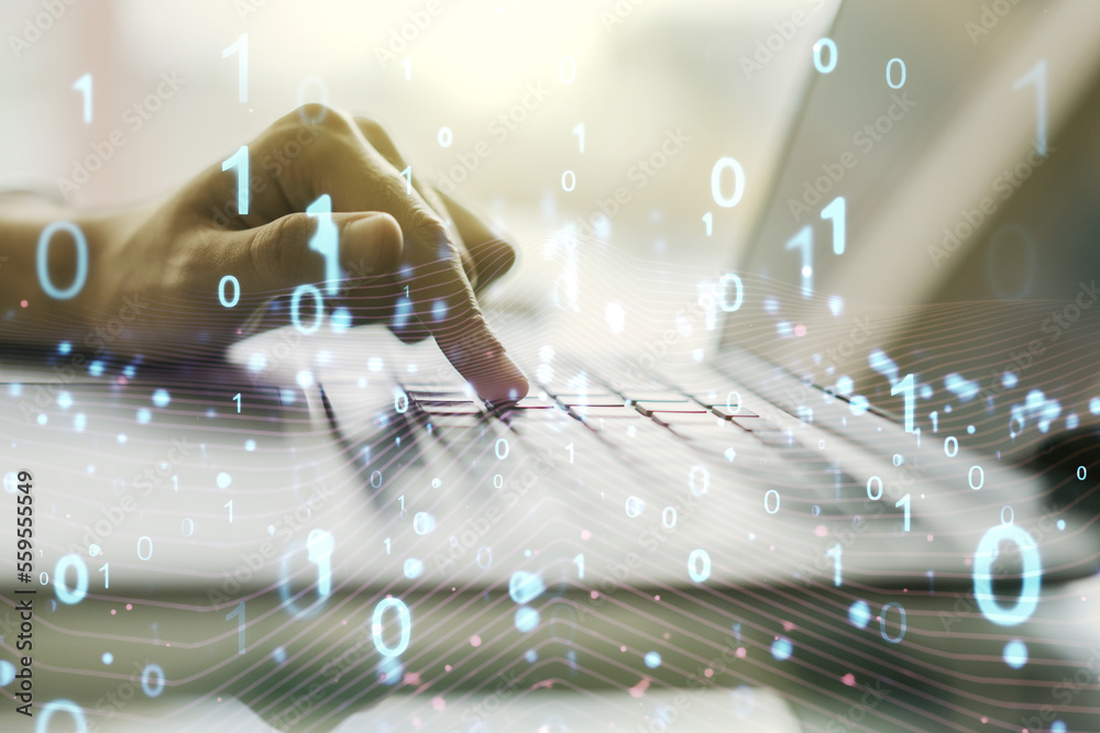 Aufkleber creative abstract binary code hologram and hands typing on computer keyboard on background, ai and m