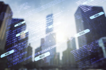 Abstract virtual coding concept and world map hologram on office buildings background. Multiexposure