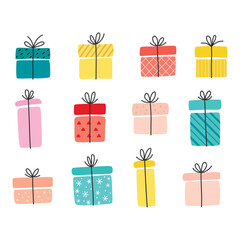 Set gift boxes, presents. Hand drawn vector illustration isolated on white.