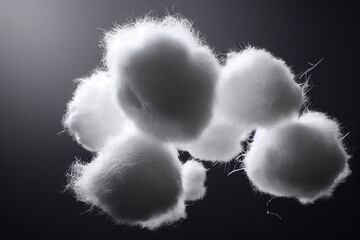 Close-up of white cotton balls suspended in mid-air on a black background, Generative AI