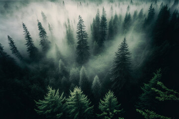 Naklejka premium Forest landscape view from above, foggy forest. AI