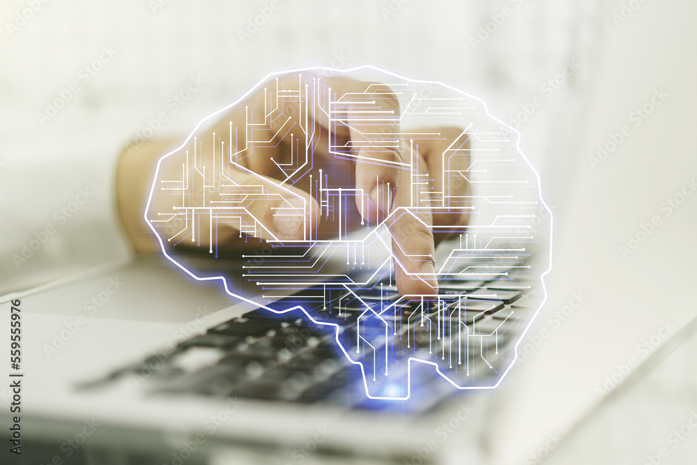 Poster creative artificial intelligence concept with human brain sketch and hands typing on computer keyboa