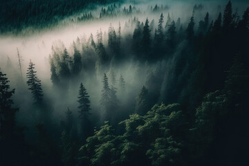 Forest landscape view from above, foggy forest. AI