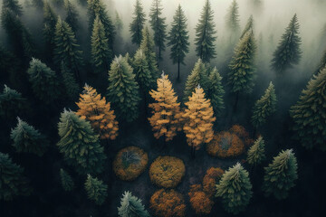 Fototapeta na wymiar Forest landscape view from above, foggy forest. AI
