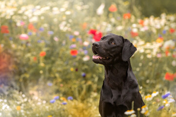 Black labrador in the flower field