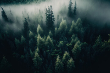 Forest landscape view from above, foggy forest. AI