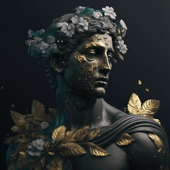 Une personne stoïque avec une couronne de fleurs, mélange d'accents d'or, de noir et de marbre, sculpture, statue. fond d'écran, citations, cartes postales