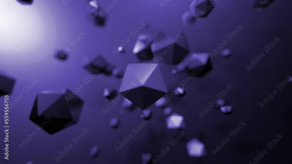 Poster rotating geometric polygons. design. spinning stream with geometric 3d polygons. molecular flow in f