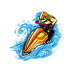 Hydro cycle rider on a wave in the sea.