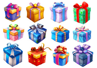 Cartoon gift boxes with ribbons, collection of present boxes of different shapes and colors isolated on white background, digital illustration
