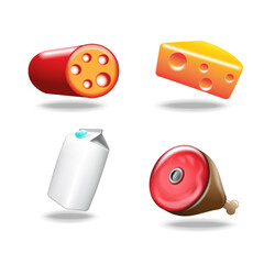 Illustration of sausage, cheese, milk and meat.