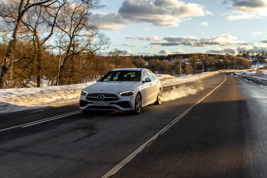 MOSCOW, RUSSIA - FEBRUARY 02, 2022. Mercedes-Benz C-Class 200 (W206). A modern sedan car. Mercedes-Benz in motion view. Mercedes-Benz W206