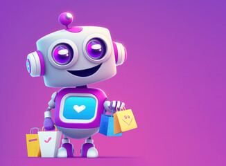 Fototapeta premium Robot holding many multicolored shopping bags over blue pink background, generative AI illustration