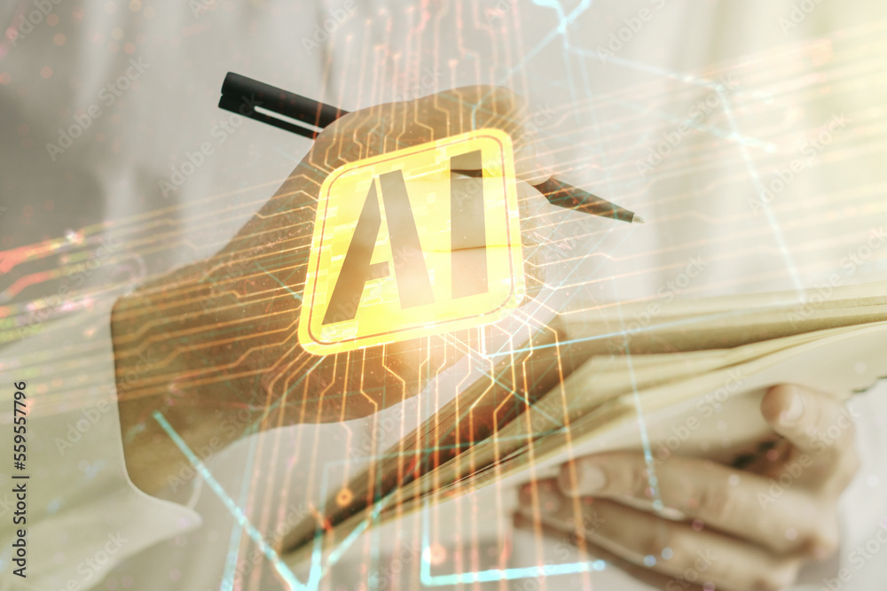 Poster double exposure of creative artificial intelligence icon with man hand writing in notebook on backgr