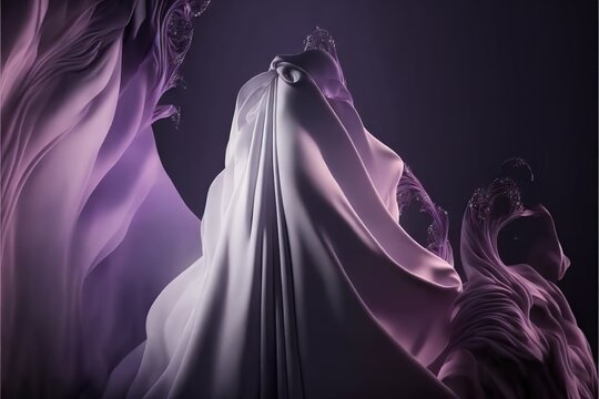 a woman in a white dress standing next to a purple and white dress with a veil on it's head and a purple background with a purple and white background with a black background. Generative AI