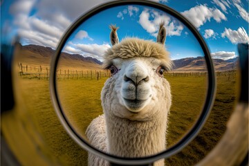 Obraz premium a llama looking at the camera through a magnifying glass with a sky background and clouds in the background, with a fence and a field in the foreground, a fence, a.