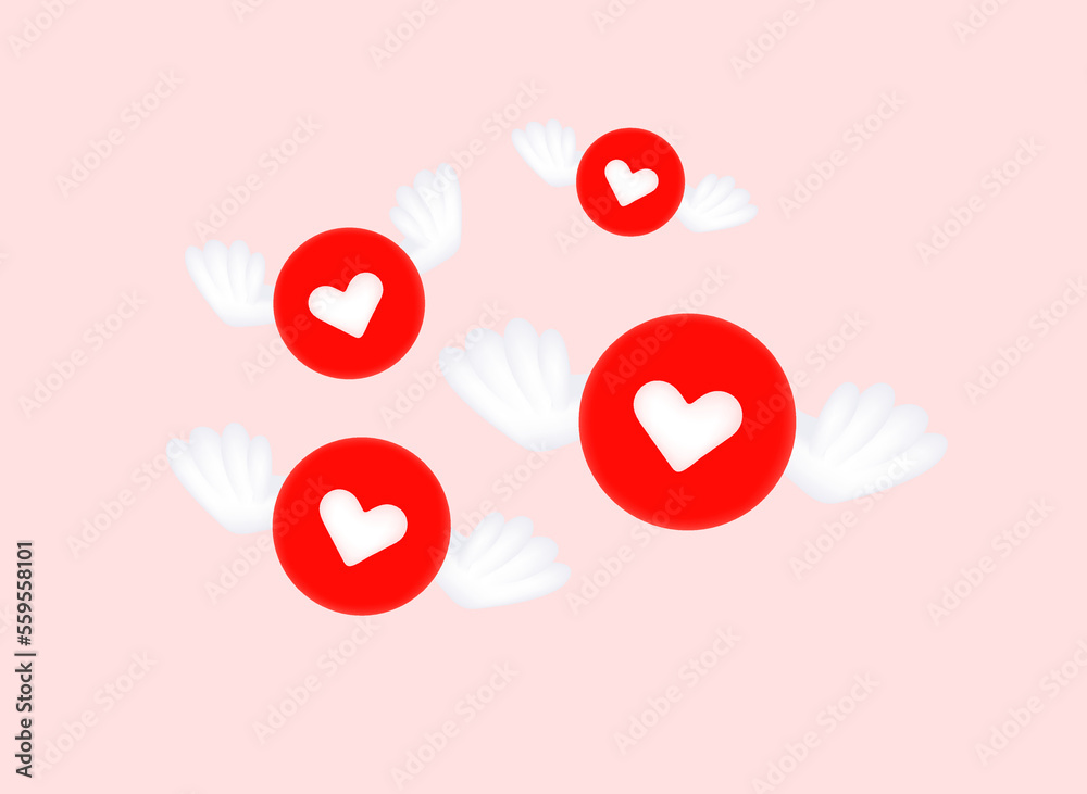 Poster hearts with the wings. 3d vector concept