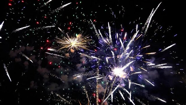 Holiday celebration with fireworks exploding in the night sky
