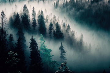 Forest landscape view from above, foggy forest. AI